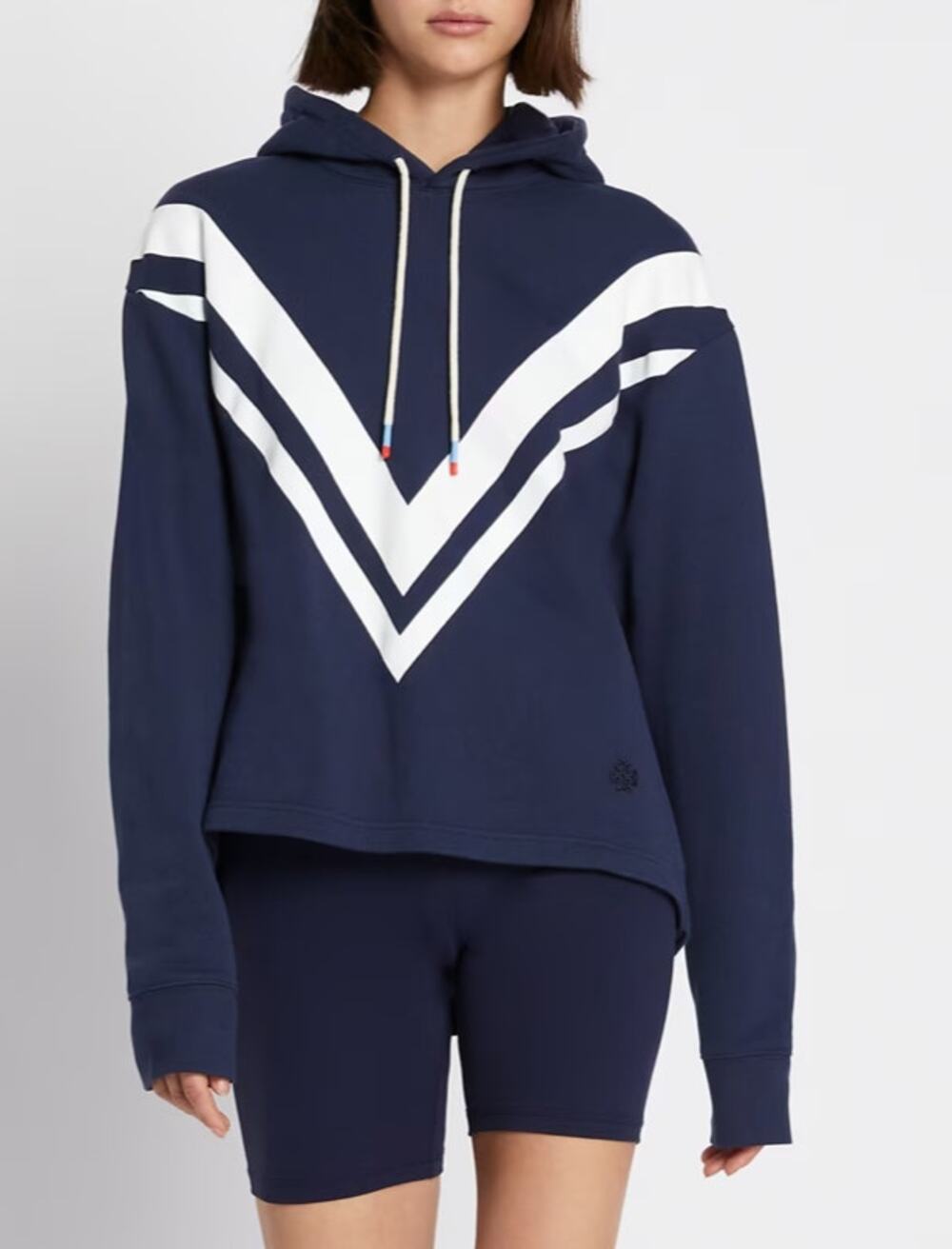 Tory Sport French Terry Chevron Graphic Hoodie Adjustable Drawcord Navy Medium